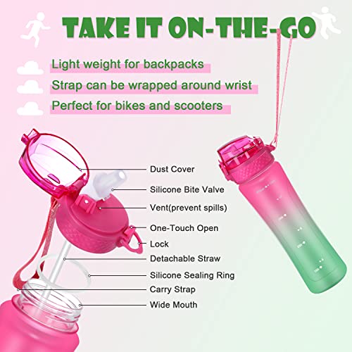 OLDLEY Kids Water Bottle with Straw 15 oz BPA-Free Leak-Proof Motivational Water Bottles with Time Marker for School Sports Travel Gym, Easy to Use for Girls Goys, 1 Straw Lid, Rose-Red Green