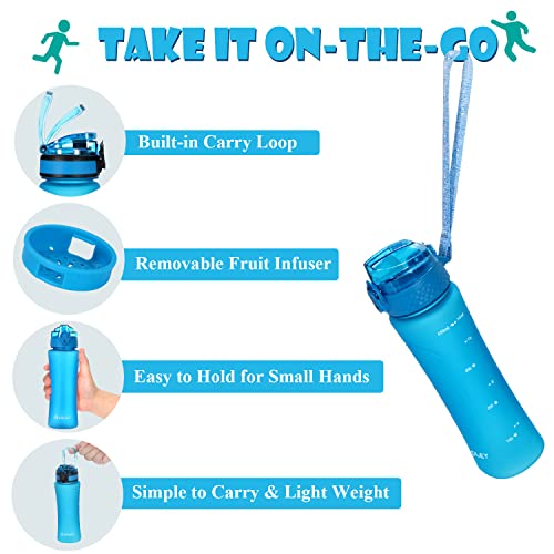 OLDLEY Kids Water Bottle for School with Straw Chug Lid, 15 oz Unbreakable Leak-Proof BPA-Free Motivational Water Bottles with Time Marker for Travel Sports Gym, 2 Lids, Blue