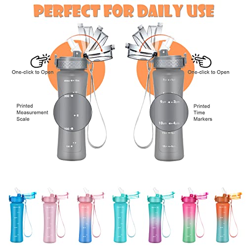 OLDLEY Kids Water Bottle with Straw 15 oz BPA-Free Leak-Proof Motivational Water Bottles with Time Marker for School Sports Travel Gym, Easy to Use for Girls Goys, 1 Straw Lid, Grey