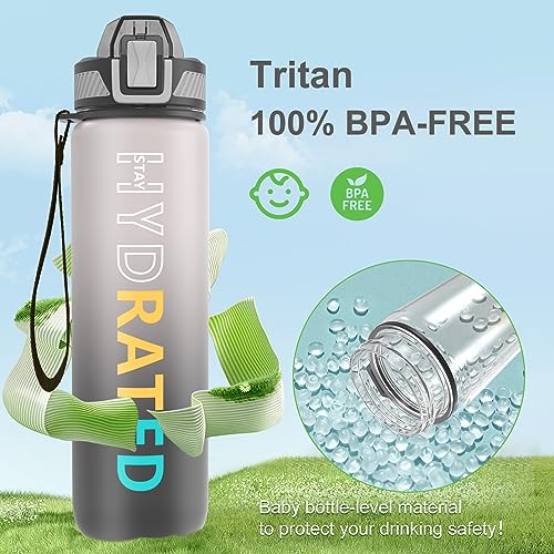 QLUR Water Bottle with Straw, 27 oz Motivational Water Bottles with Time Marker to Drink, Tritan BPA Free, 800ml Sports Water Bottle with Carry Strap LeakProof for School Fitness Outdoor (1Pack)