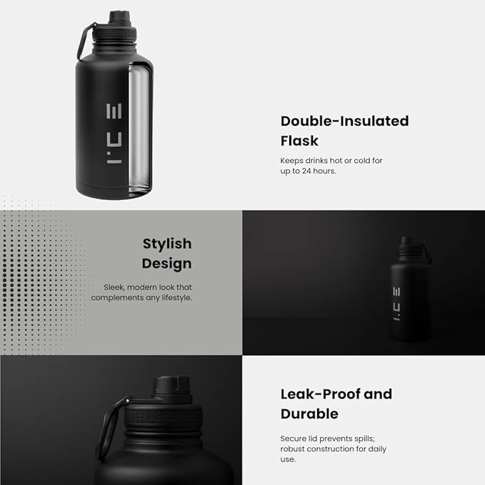 ICE Sports Water Bottle - Includes 3 Lids (1 Straw Lid) & 2 Straws - Leak proof Stainless Steel Gym & Sport Bottles for Men, Women & Kids - Double Walled, Insulated Thermos (White, 40 oz)