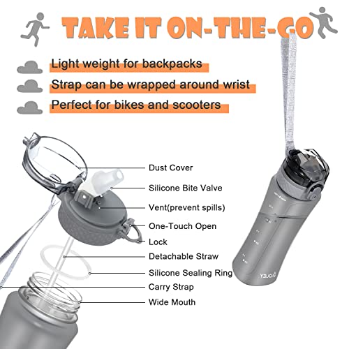 OLDLEY Kids Water Bottle with Straw 15 oz BPA-Free Leak-Proof Motivational Water Bottles with Time Marker for School Sports Travel Gym, Easy to Use for Girls Goys, 1 Straw Lid, Grey