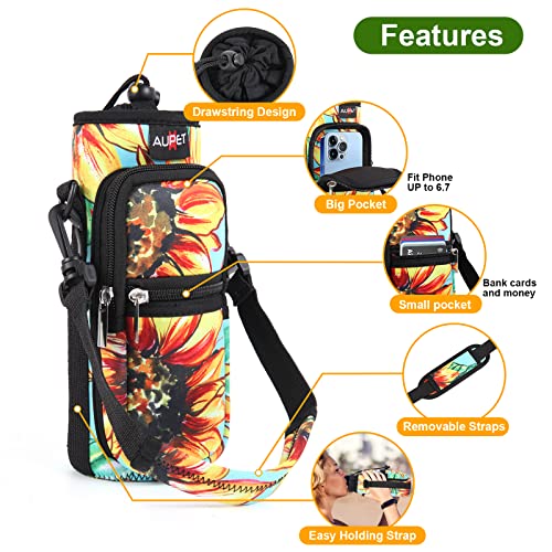 AUPET Water Bottle Sling Bag Sleeve Holder Carrier 25/32/40/64 oz,Insulated Crossbody Water Bottle Case Cover with Strap and Pockets for Men/Women Walking Hiking Camping (32oz, purple flower)