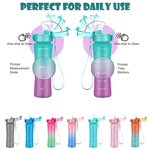 OLDLEY Kids Water Bottle with Straw 15 oz BPA-Free Leak-Proof Motivational Water Bottles with Time Marker for School Sports Travel Gym, Easy to Use for Girls Goys, 1 Straw Lid, Mint Purple