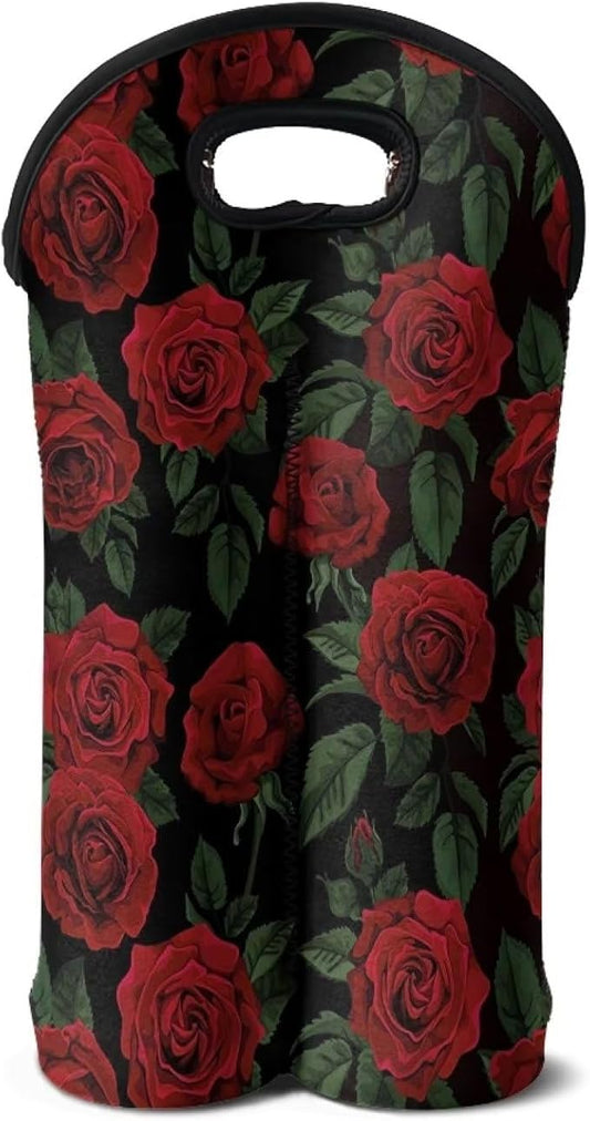 doginthehole 2 Bottles Red Rose Wine Bag Sleeve Neoprene Protective Wine Carrier Bag for Wine,Water, Champagne, Beer Insulated Wine Tote Water Bottle Holder for Travel with Carry Handle