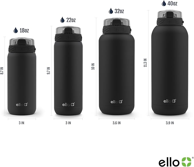 Ello Cooper 18oz Kids Stainless Steel Water Bottle with Straw and Carry Handle, Double Walled and Vacuum Insulated Metal, Leak Proof Locking Lid with Soft Silicone Spout, Reusable, BPA Free, Black