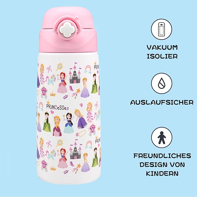 Kids Insulated Water Bottle with Covered Pop-Up Straw,16oz Kids Cups with Stainless Steel Leak Proof for School Boys Girls(2-Princess)