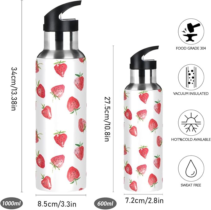 Alaza Watercolor Strawberries Fruits Water Bottle With Straw Lids Boys Girls,Vacuum Insulated Leakproof Stainless-Steel Sports Bottle Thermal Flask For Gym Yoga Camping,34Oz (1000Ml)