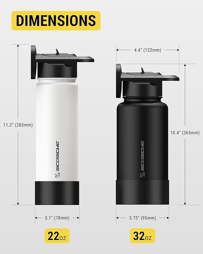 Scosche MFMS32 MagicMount Flask 32oz Stainless Steel Hot & Cold Insulated Sport Water Bottle w/Magnetic Mount Tripod Phone Stand Compatible w/MagSafe iPhone for Cup Holder/Gym/Men/Women/Travel/White