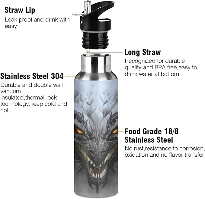 Blueangle 32 OZ Scary Dragon Water Bottle with Straw, Sports Water Bottle BPA Free Stainless Steel Water Jugs for Gym, Kitchen, Working, Outdoor(972)