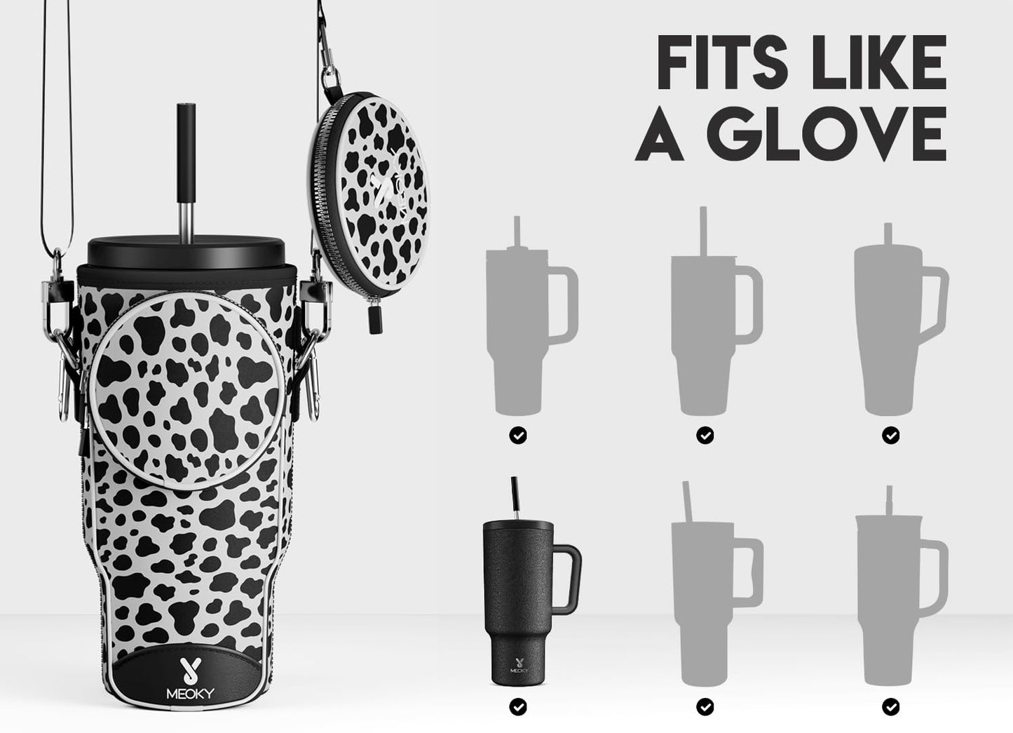 Meoky Water Bottle Carrier Bag with Phone Pocket for 40 oz Tumbler with Handle, Neoprene Water Bottle Holder Pouch with Adjustable Strap, 2 Carabiner Clips (Cow)