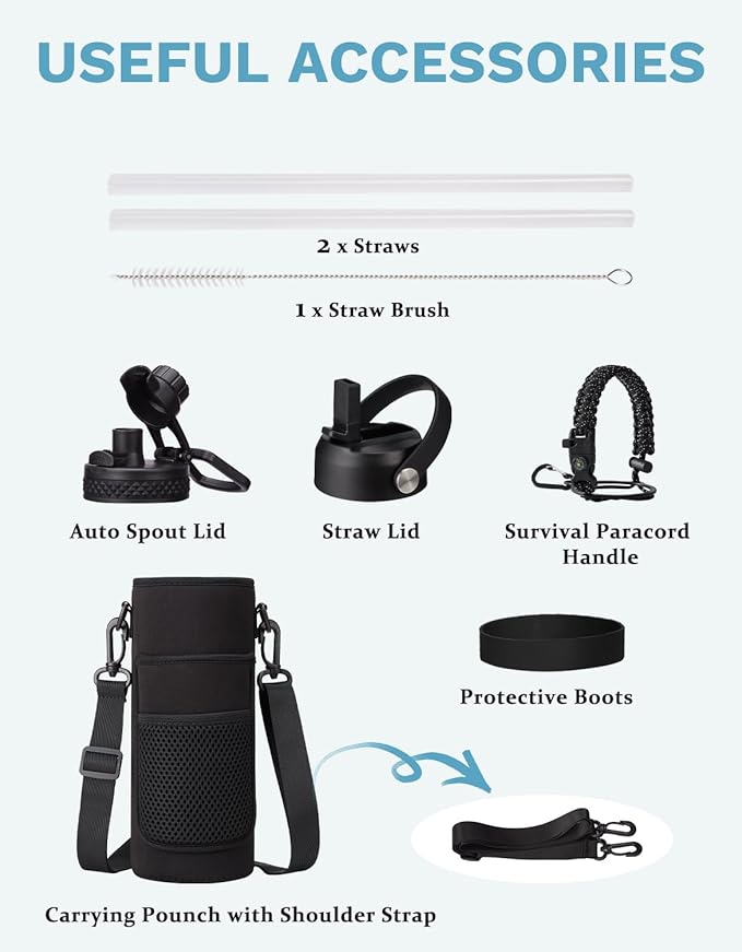 40oz 64oz Water Bottle with Straw - Spout Lid, Paracord Handle, Keep Cold 48H Hot 24H, Travel Water Flask with Strap Carrying Pouch for Hiking Work Sports, 40oz Stainless Steel Water bottle