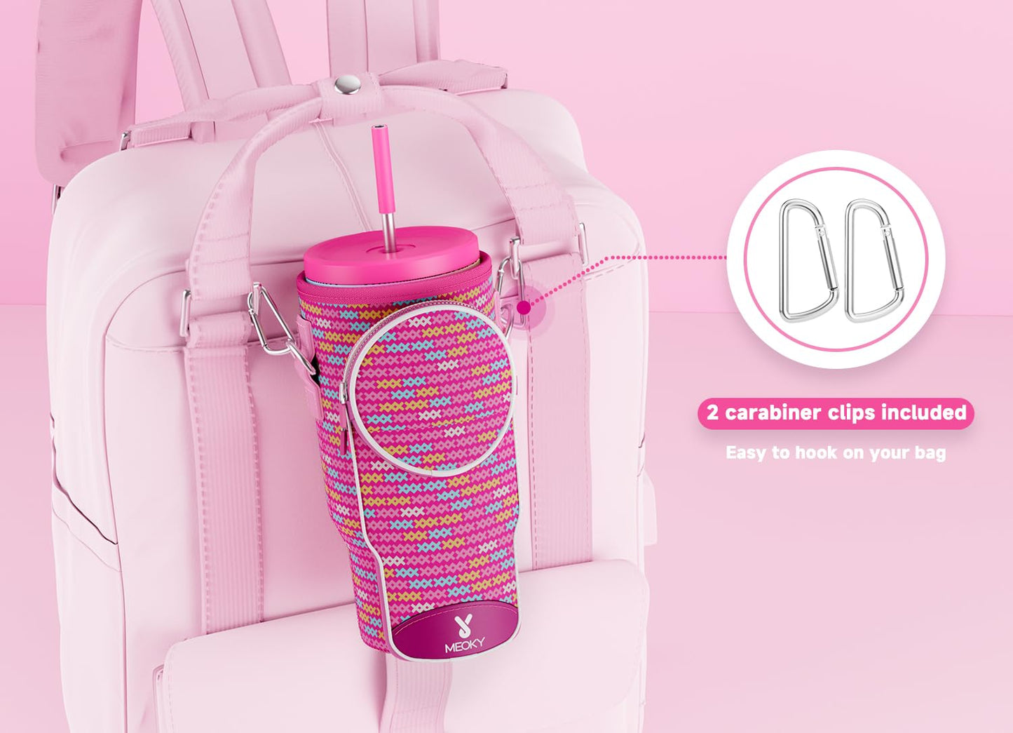 Meoky Water Bottle Carrier Bag with Phone Pocket for 40 oz Tumbler with Handle, Neoprene Water Bottle Holder Pouch with Adjustable Strap, 2 Carabiner Clips (Cheer)