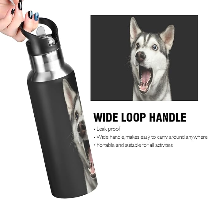 Blueangle 32oz Siberian Husky Dog Water Bottle, BPA Free Stainless Steel Water Bottle Leak-Proof Sports Bottle for Camping Workouts Gym and Outdoor Activity