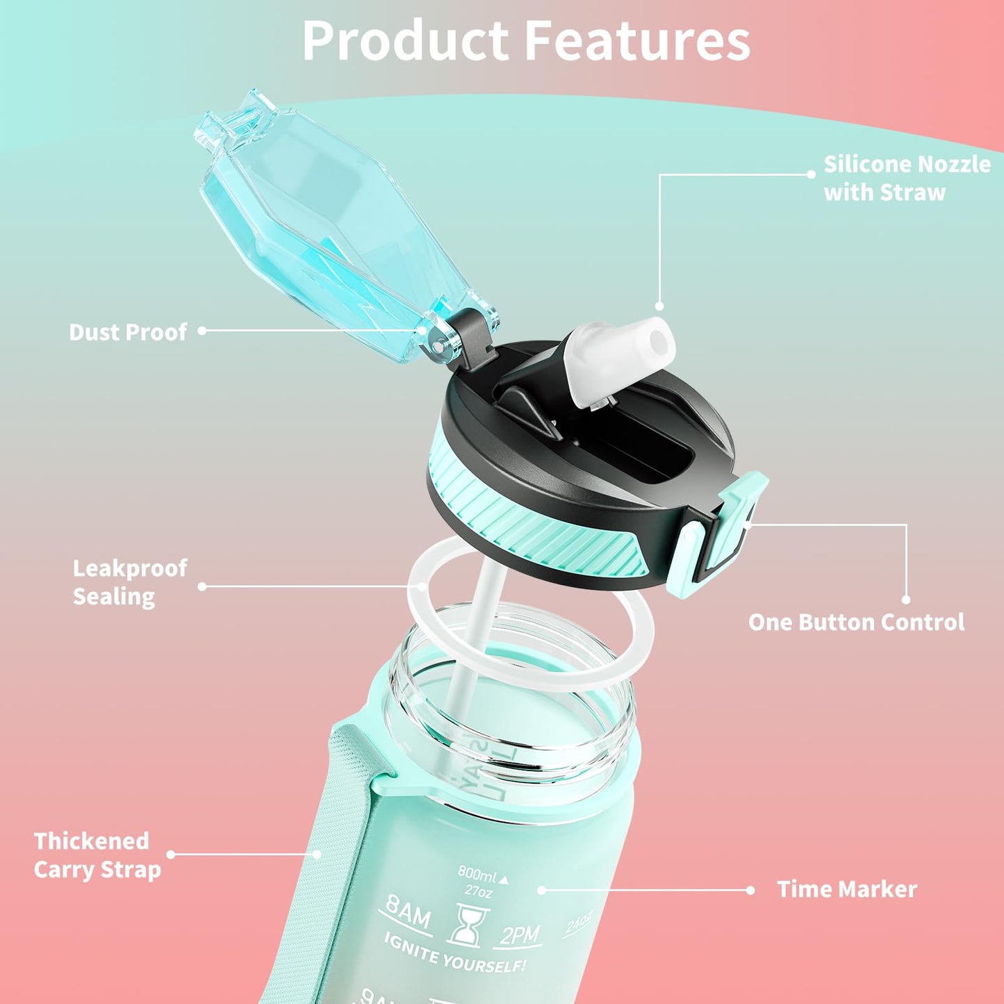 QLUR Water Bottle with Straw, 27 oz Motivational Water Bottles with Time Marker to Drink, Tritan BPA Free, 800ml Sports Water Bottle with Carry Strap LeakProof for School Fitness Outdoor (1Pack)
