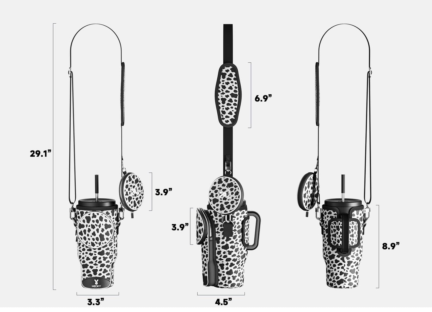 Meoky Water Bottle Carrier Bag with Phone Pocket for 40 oz Tumbler with Handle, Neoprene Water Bottle Holder Pouch with Adjustable Strap, 2 Carabiner Clips (Cow)