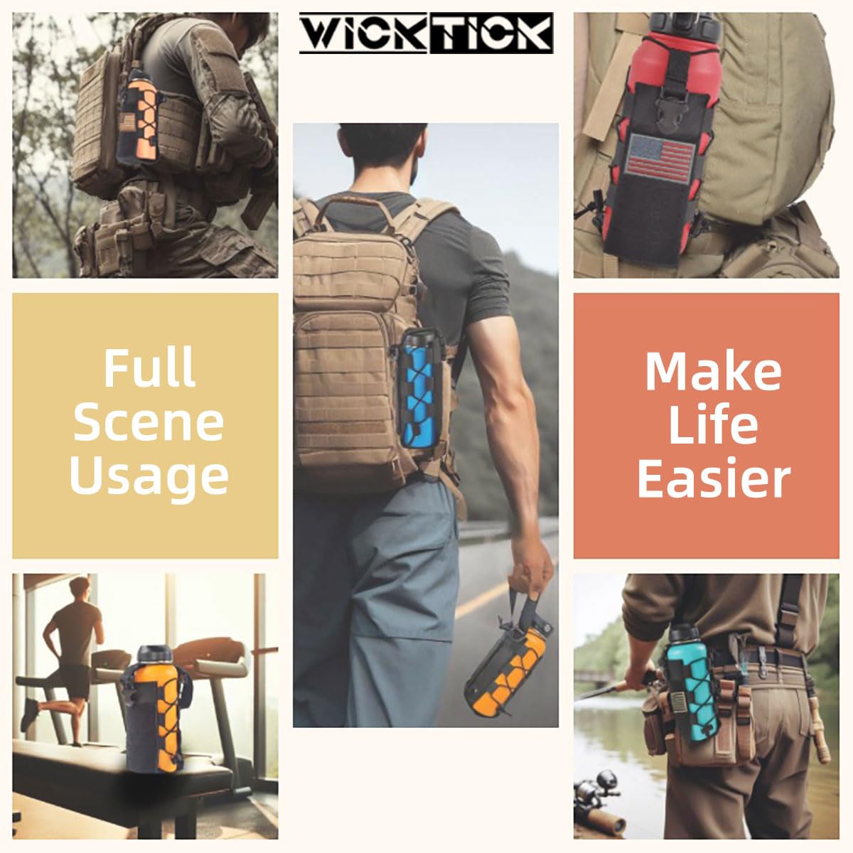 WICKTICK Molle Water Bottle Holder Pouch 16 24 32 40 64 oz - Multi-Purpose Tactical Fuel Bottle Bag, Adjustable Size for Outdoor Activities, Adapted to Backpack/Vest/Belt (Brown, Classic)