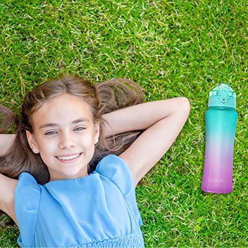 OLDLEY Kids Water Bottle with Straw 15 oz BPA-Free Leak-Proof Motivational Water Bottles with Time Marker for School Sports Travel Gym, Easy to Use for Girls Goys, 1 Straw Lid, Mint Purple