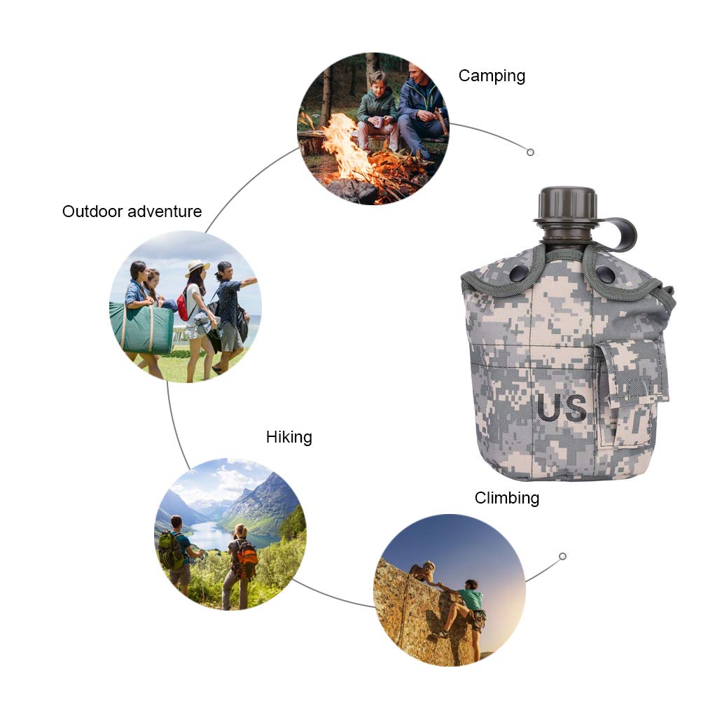 Outdoor Canteen,Aluminum Camouflage Bag Water Bottle with Quart Cup for Hiking Camping