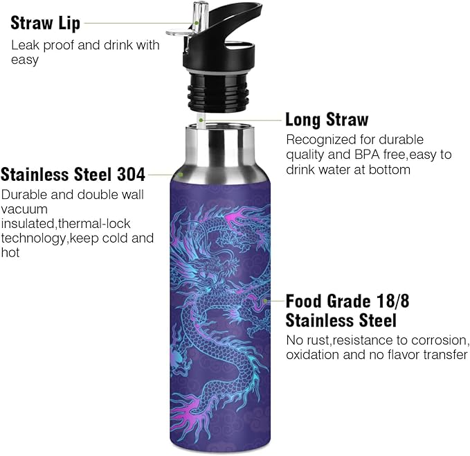 Blueangle 32oz Purple Chinese Dragon Water Bottle, BPA Free Stainless Steel Water Bottle Leak-Proof Sports Bottle for Camping Workouts Gym and Outdoor Activity