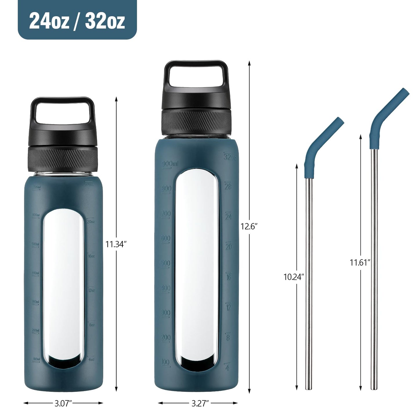 Kodrine 24 oz Glass Water Bottle with Straw, Clear Water Bottle Chug Lid and Bamboo Straw Lid, Borosilicate Glass Bottle 2 Lids Handle Top, Wide Mouth Water Bottle With Silicone Sleeve, Navy Blue