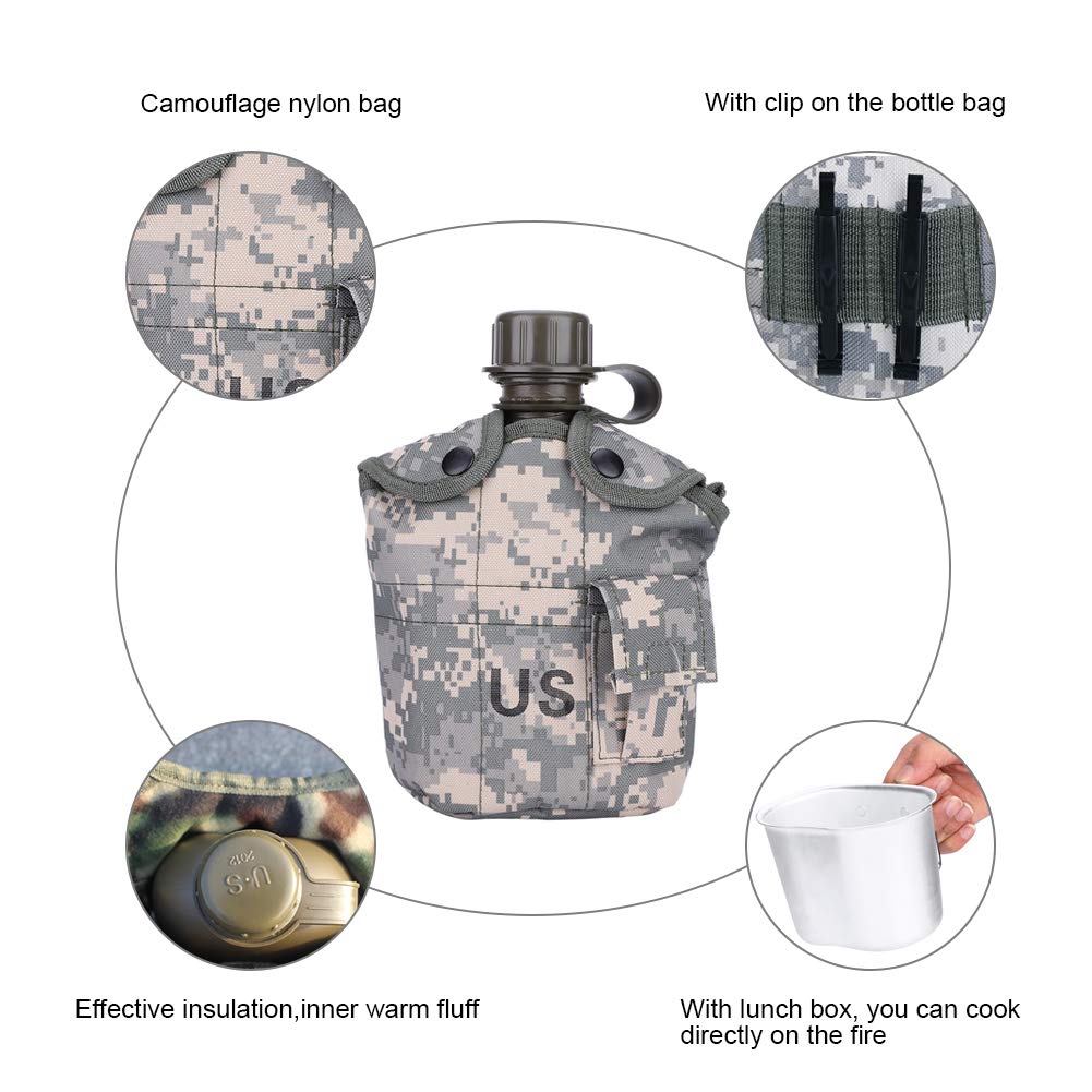 Outdoor Canteen,Aluminum Camouflage Bag Water Bottle with Quart Cup for Hiking Camping