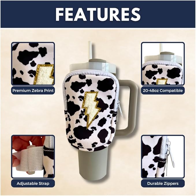 Water Bottle Pouch For Tumblers, Gym Accessories, Unisex | Compatible w/ 20-48oz Tumblers Including Stanley Quencher | Holds Phone, Wallet, Keys, Cards, & More (Cow Print/Lightening)