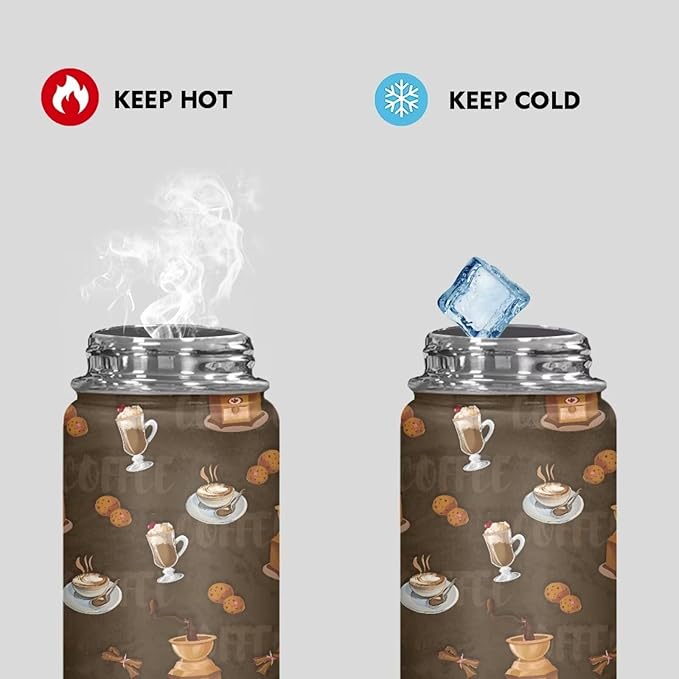 Coffee Print Insulated Water Bottle 18 Oz Stainless Steel Leak Proof Vacuum Easy to Clean Lightweight Keeps Cold and Hot Great for Travel Hiking Biking Running