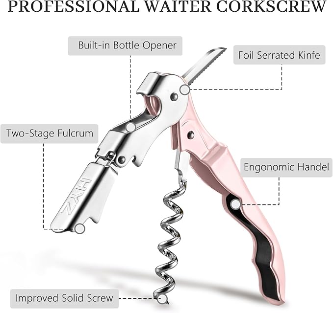 HYZ Stainless Steel Waiter Corkscrew (2-Pack), Pink, Professional Wine Key with Foil Cutter, Manual Wine Bottle Opener, Double Hinged