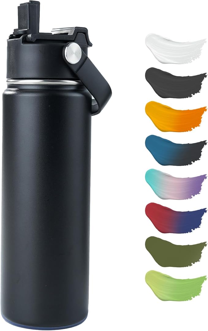 Kerilyn 24oz Stainless Steel Insulated Water Bottle, Double Wall Vacuum, Leak Proof with Silicone Straw, Wide Mouth, BPA Free, Copper Lined, Keep Cold 24h Hot 12h, Black