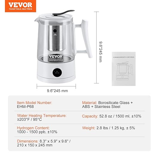 VEVOR Hydrogen Water Pitcher, Rich Hydrogen Water Generator, 1.5 L Large Capacity Hydrogen Water Bottle Generator SPE and PEM Technology, Hydrogen Rich Water Ionizer Machine for Brewing Coffee or Tea