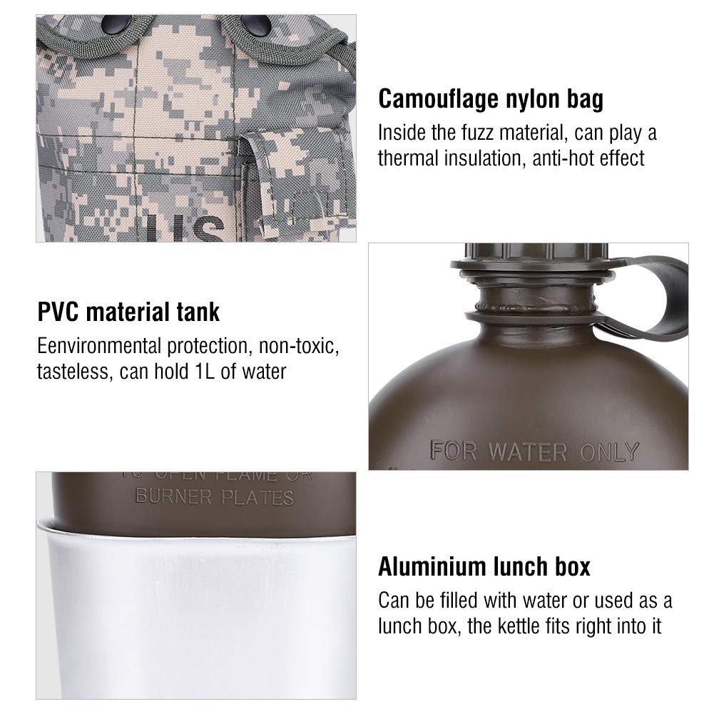 Outdoor Canteen,Aluminum Camouflage Bag Water Bottle with Quart Cup for Hiking Camping