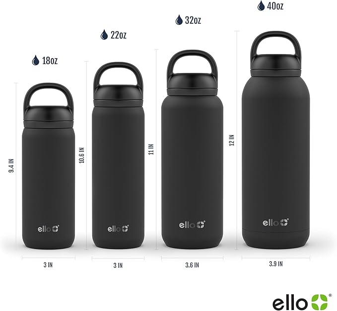 Ello Cooper 40oz Stainless Steel Water Bottle with 2 Lids Chug and Straw | Leak Proof | Double Walled and Vacuum Insulated | Built in Carry Loop | Dishwasher Safe | Halogen Blue