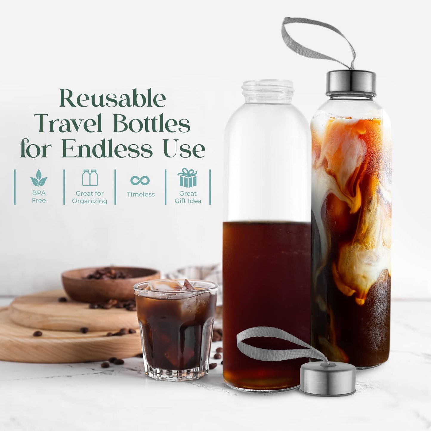 Kitchen Lux 32 oz Glass Water Bottle Set of 12 - Glass Water Bottles Caps & Sleeve, Reusable Glass Bottle Lids, Clear Glass Bottles, Refillable Glass Juice Bottles for Juicing, Juicer Bottles