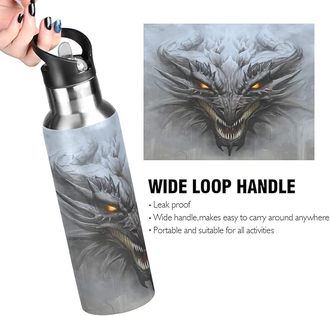 Blueangle 20 OZ Scary Dragon Water Bottle with Straw, Sports Water Bottle BPA Free Stainless Steel Water Jugs for Gym, Kitchen, Working, Outdoor(971)