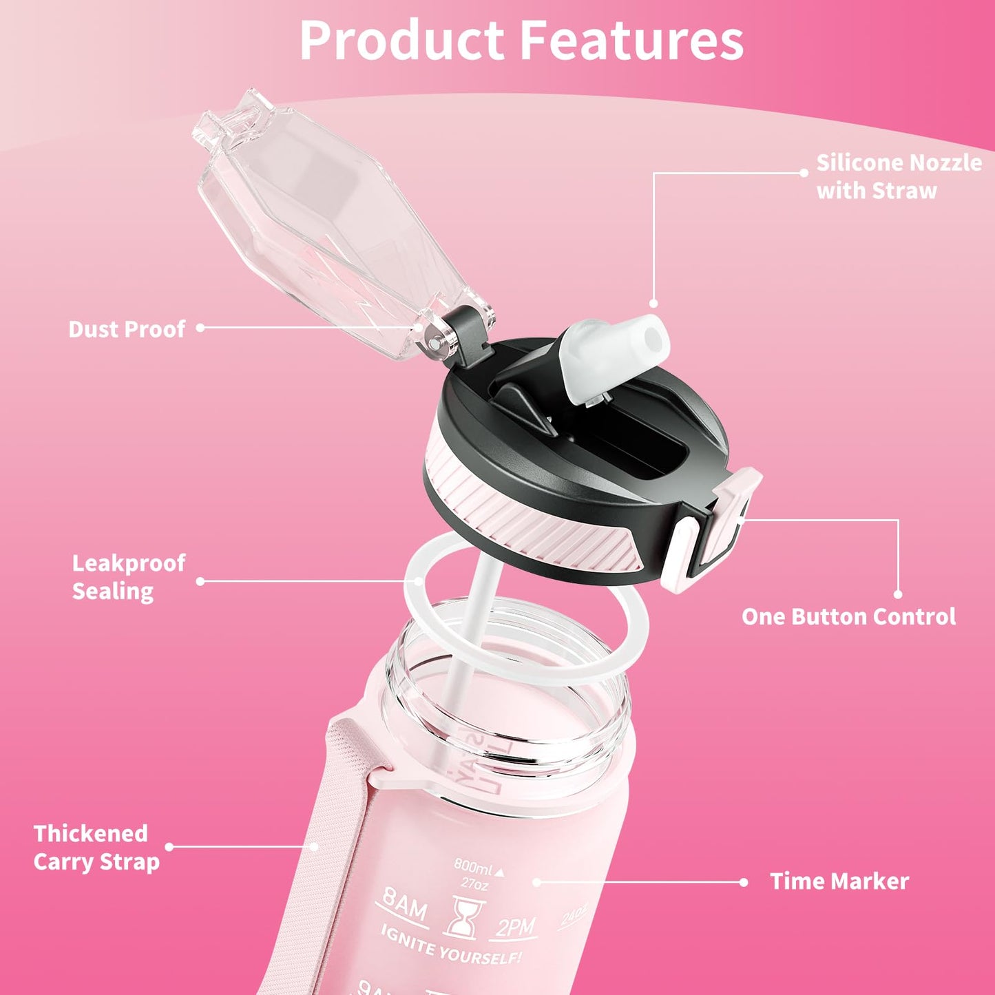 QLUR Water Bottle with Straw, 27 oz Motivational Water Bottles with Time Marker to Drink, Tritan BPA Free, 800ml Sports Water Bottle with Carry Strap LeakProof for School Fitness Outdoor (1Pack)