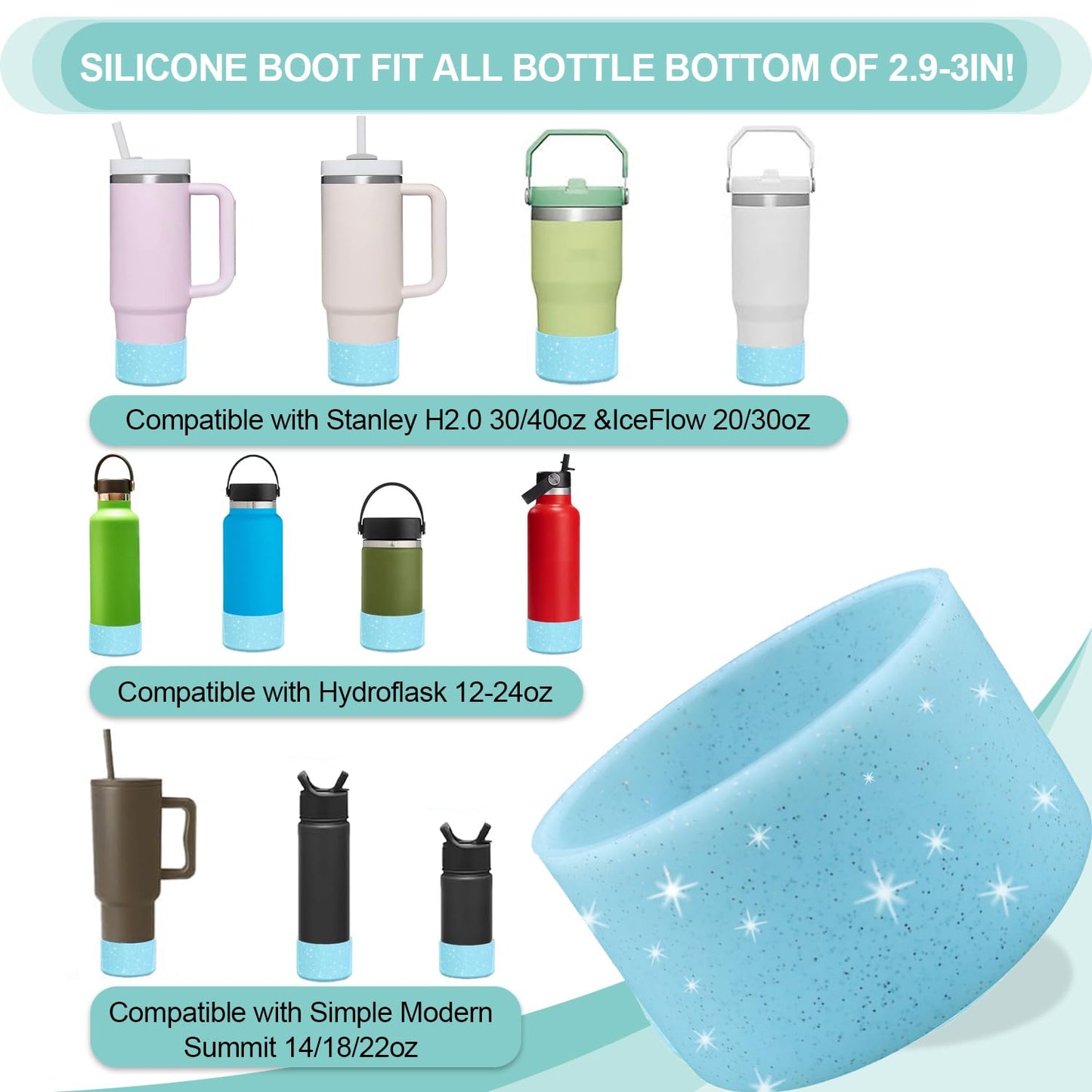 4Pcs Blue Glitter Silicone Boot for Stanley Cup H2.0 30oz 40 oz &Hydro Flask 12-24 oz and Water Bottle Bottom of 2.9-3in, Tumbler Boot Sleeve Cover Bottom Protector