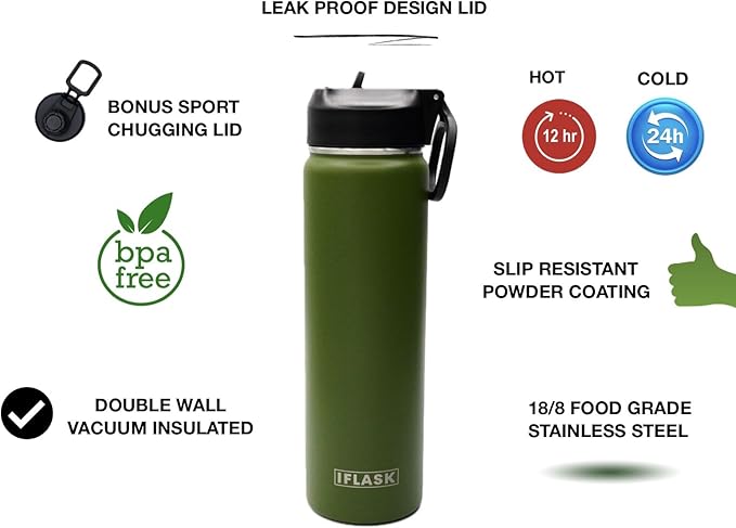 Sport Travel Outdoor Water Bottle with Spout and Straw Lids | Leak Proof | Insulated Stainless Steel Double Walled | BPA and Sweat free | Hot & Cold | For Kids Men & Women (Blue, 22 oz)