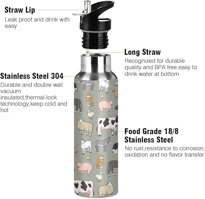 Farm Animals Pattern Stainless Steel Water Bottle with Straw, BPA Free Reusable Leakproof Water Jug for Fitness Camping Outdoor Sports