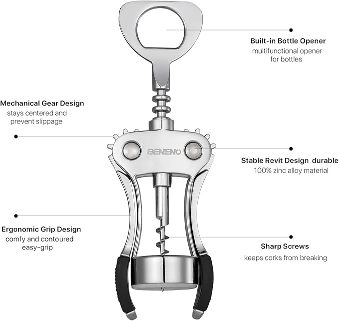 Wine Opener with Stainless Steel Wine Foil Cutter, Zinc Alloy Premium Wing Corkscrew Wine Bottle Opener with Multifunctional Bottles Opener, Upgrade