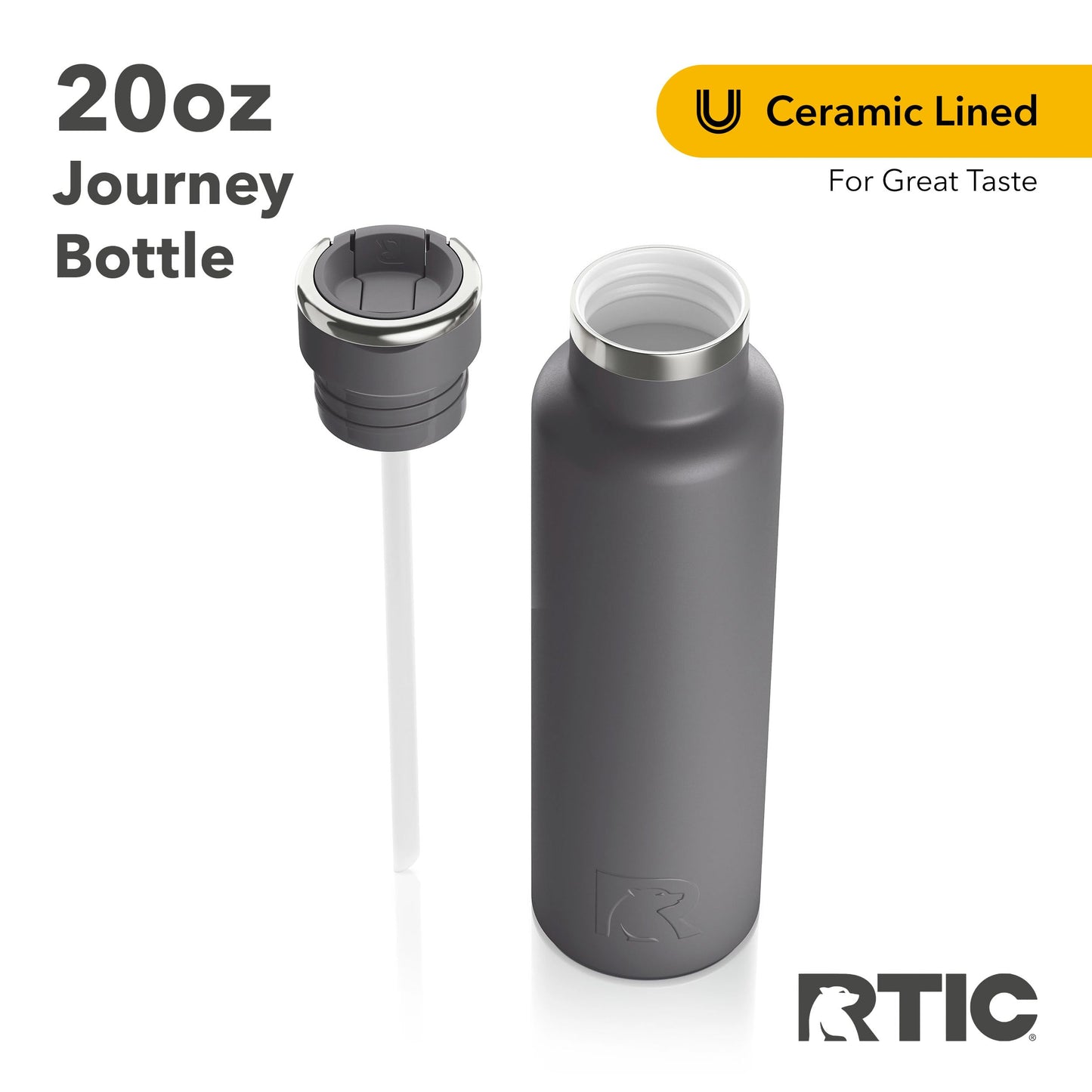 RTIC 20oz Journey Bottle Metal Stainless Steel Vacuum Insulated, BPA Free, Reusable, for Water, Hot and Cold Drinks, Travel, Sports, Camping, Graphite