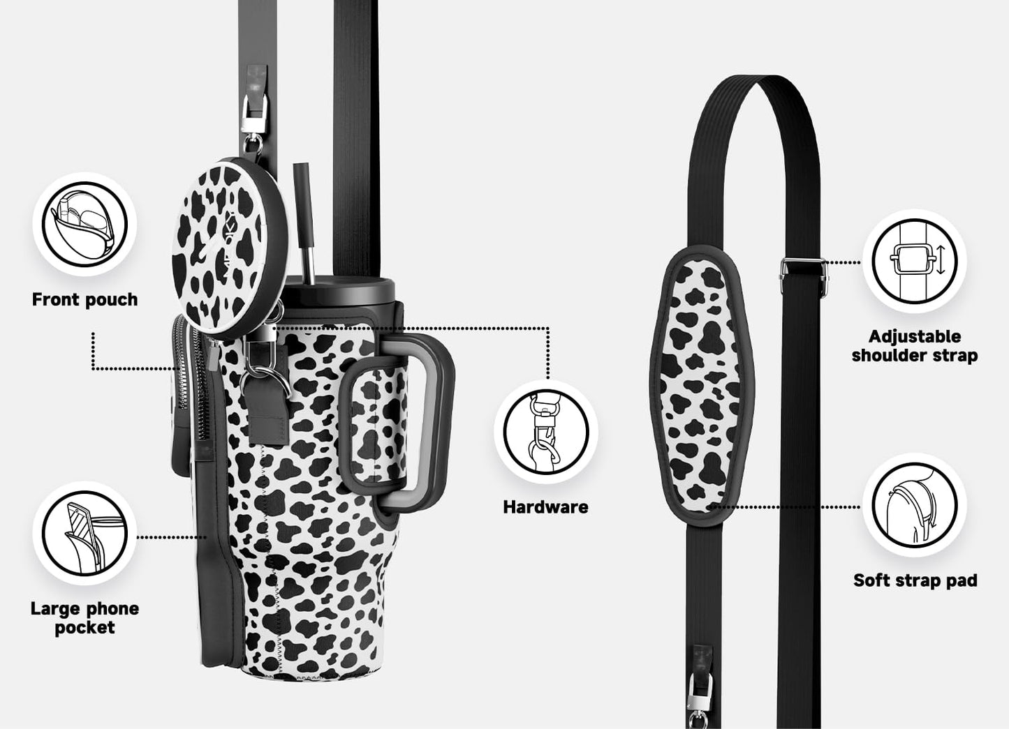 Meoky Water Bottle Carrier Bag with Phone Pocket for 40 oz Tumbler with Handle, Neoprene Water Bottle Holder Pouch with Adjustable Strap, 2 Carabiner Clips (Cow)
