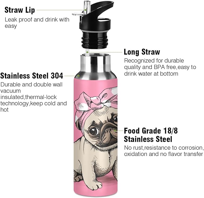 Blueangle 20 OZ Pink Headband Pug Water Bottle with Straw, Sports Water Bottle BPA Free Stainless Steel Water Jugs for Gym, Kitchen, Working, Outdoor