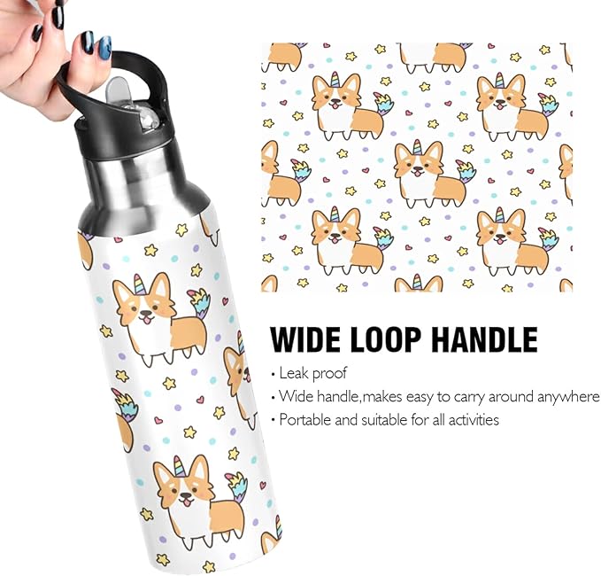 Blueangle 20oz Elsh Corgi Water Bottle, BPA Free Stainless Steel Water Bottle Leak-Proof Sports Bottle for Camping Workouts Gym and Outdoor Activity