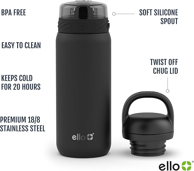 Ello Cooper 18oz Kids Stainless Steel Water Bottle with 2 Lids Chug and Straw | Leak Proof Double Walled and Vacuum Insulated | Fits Car Cupholder | Built in Carry Loop | Dishwasher Safe | Antigua