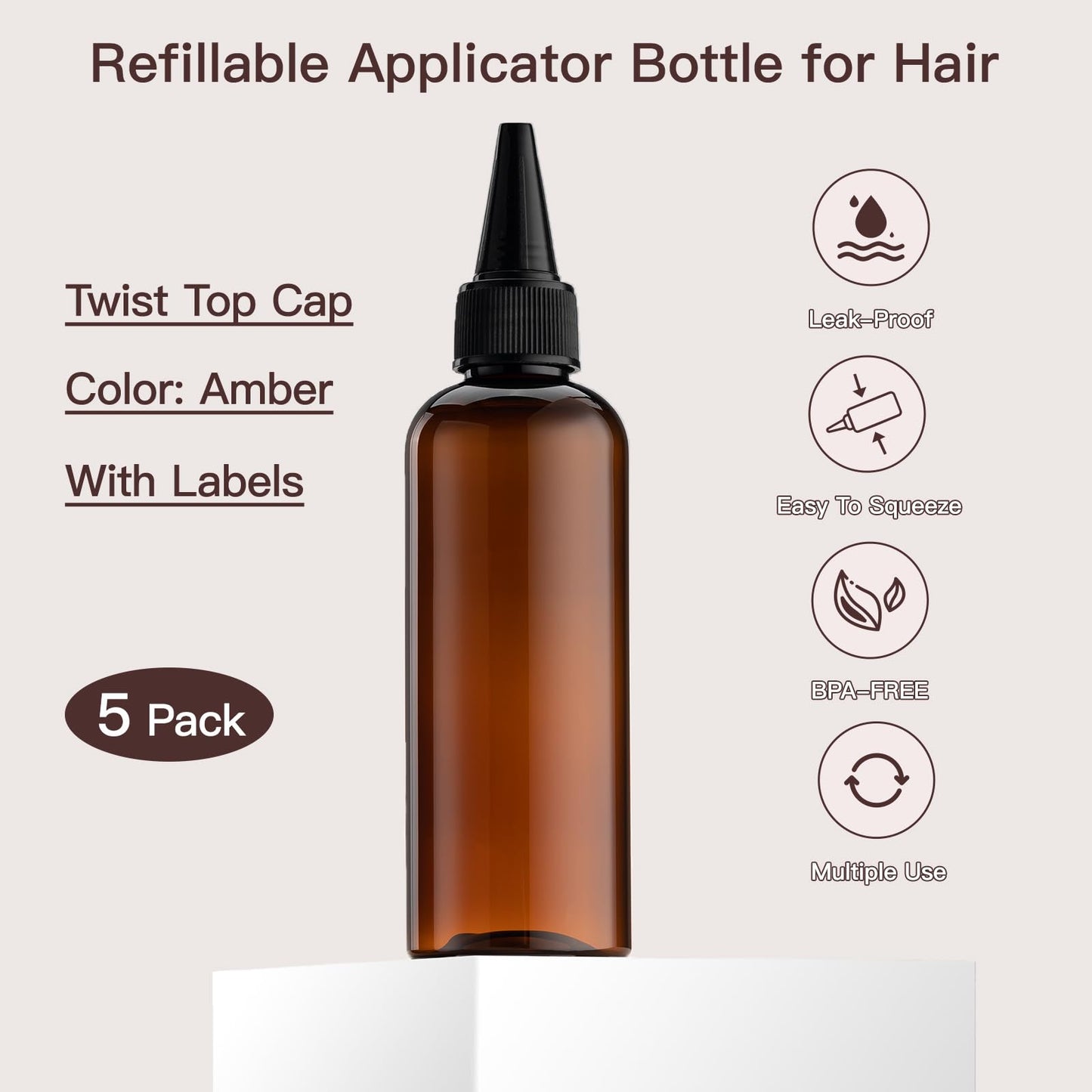 Tekson Hair Color Applicator Bottles, 5 Pack Refillable Squeeze Bottle, Empty Plastic Twist Top Cap Bottles (3.4 OZ, Amber)