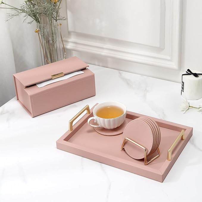 CASEGRACE Drink Coasters with Metal Holder Stand Set of 6, PU Leather Absorbent Coasters with Cork Base Table Coaster Set Decorative Coffee Cup Coasters Housewarming Gift for Home Decor