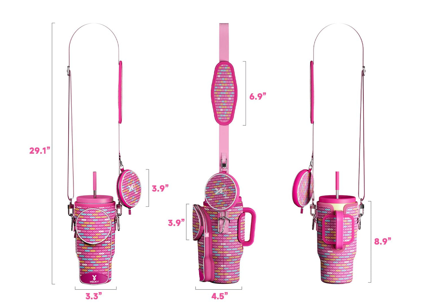Meoky Water Bottle Carrier Bag with Phone Pocket for 40 oz Tumbler with Handle, Neoprene Water Bottle Holder Pouch with Adjustable Strap, 2 Carabiner Clips (Cheer)
