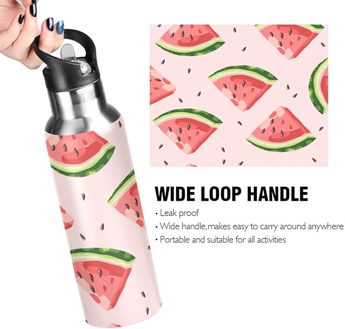 ALAZA Red Watermelons Water Bottle With Straw Lids Boys Girls,Vacuum Insulated Leakproof Stainless-Steel Sports Bottle Thermal Flask For Gym Yoga Camping,34Oz (1000Ml)