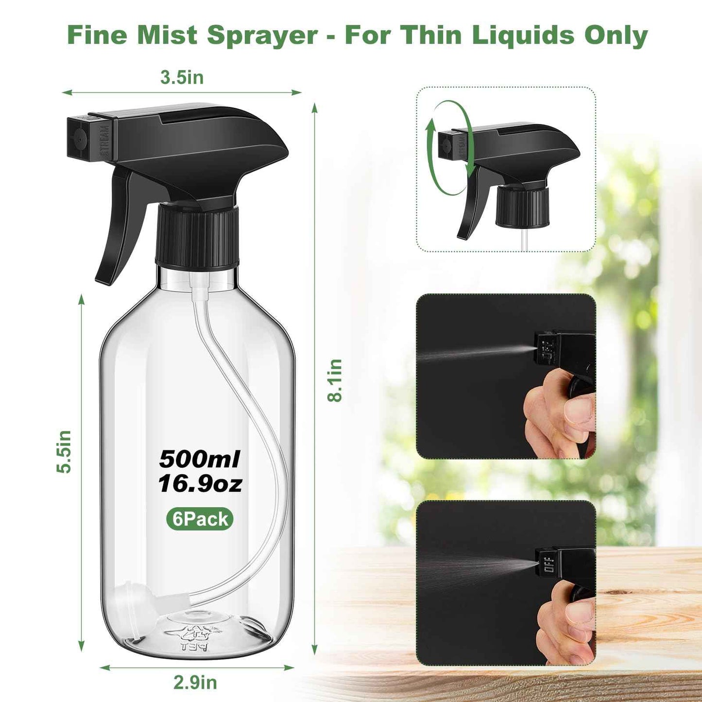 LOYIM 6 Pack 360° Water Spray Bottle Plastic Spray Bottles 16 oz, Upside Down Fine Mist/stream Water Bottle Upgraded Adjustable Nozzle Refillable Empty Containers for Plants, Cleaning, Hair (Clear)